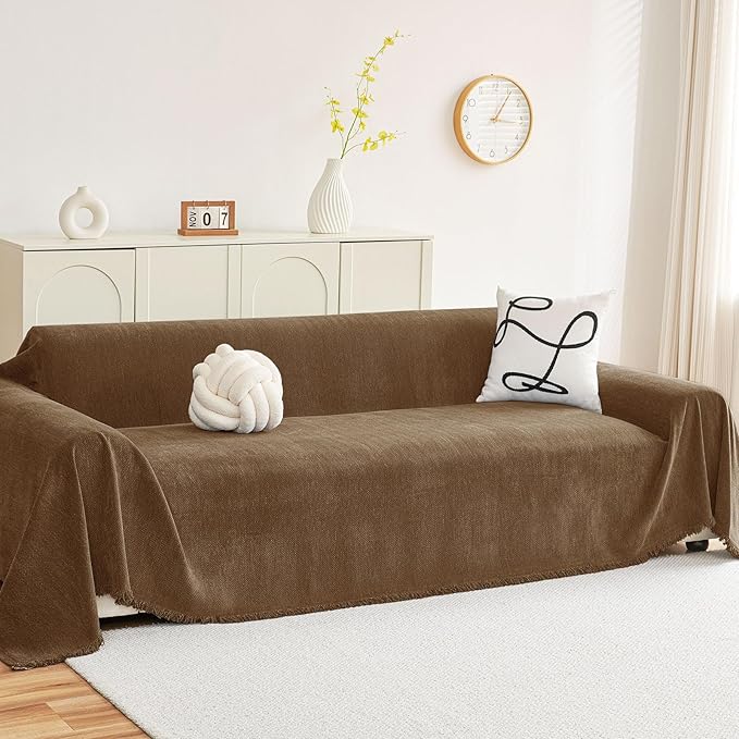 hyha Couch Cover for Dogs, Boho Sofa Covers for 3 Cushion Couch Washable, Chenille Sofa Slipcover for Pets, Soft Loveseat Sectional Couch Throw Blankets with Tassels (Chocolate, 71x134 Inch)