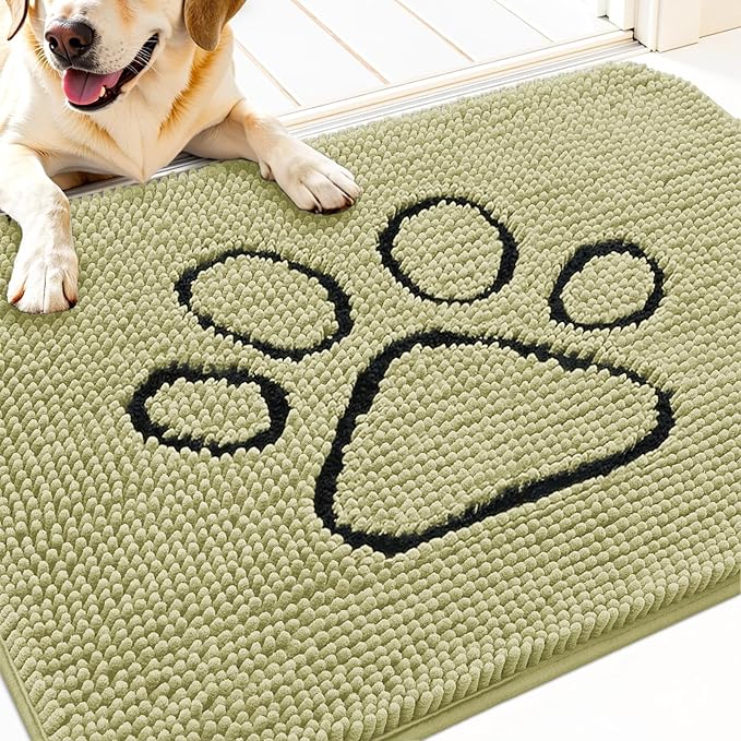 OLANLY Dog Door Mat for Muddy Paws 30x20, Paw Print Design, Absorbs Moisture and Dirt, Absorbent Non-Slip Washable Doormat, Quick Dry Chenille Mud Mat for Dogs, Entry Indoor Entryway Carpet, Vanilla