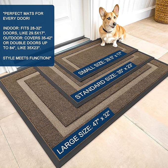 OLANLY Front Door Mat Indoor Outdoor Entrance, Waterproof All-Season, All-Weather Doormat, Sturdy Natural Rubber, Fade Resistant, Low Profile, Easy Clean Patio Porch Entryway Mat, 59x35, Brown