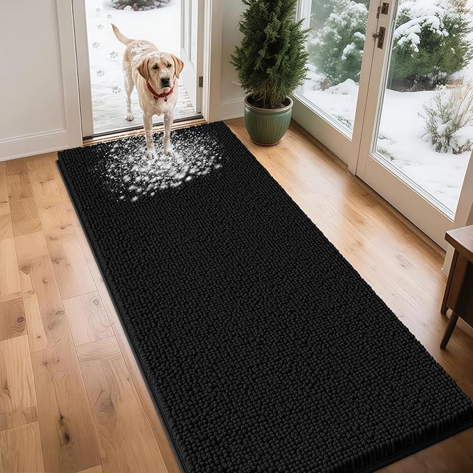 Extra Large Dog Door Mats for Muddy Paws, 71" x 25" Chenille Absorbent Mud Mat for Dogs, Non Slip Heavy Dog Rugs For Muddy Paws, Soft Indoor Door Mat for Entryway, Mud Paw, Inside Floor, Black