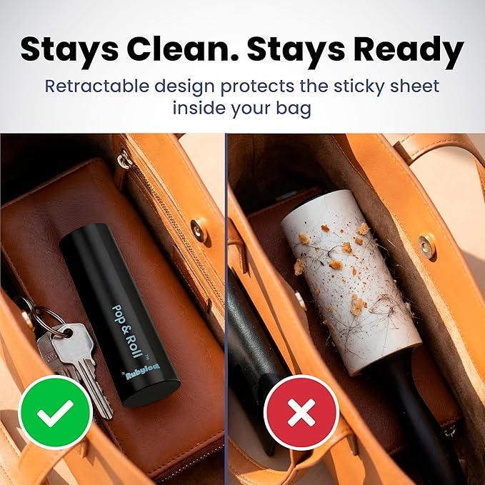Rubyloo Mini Lint Roller for Pet Hair (1 Pack + 2 Refill Rolls) - Travel Size Sticky Pet Hair Roller with Retractable Cover - Cat & Dog Fur Remover for Clothes