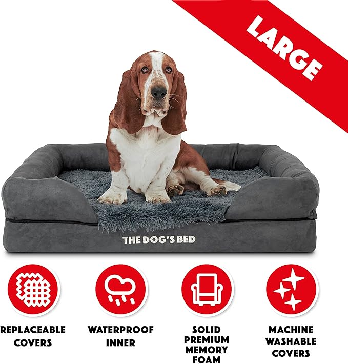 The Dog’s Bed, Large Grey Fur, Memory Foam, Pain Relief: Arthritis, Hip & Elbow Dysplasia, Post Surgery, Lameness, Supportive, Calming, Waterproof Washable Cover, Veterinary Approved