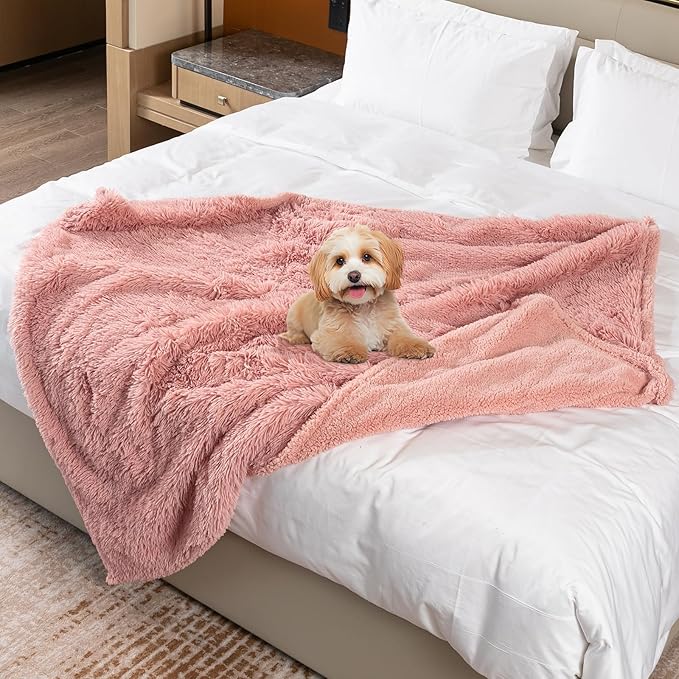 Wowchine Pink Calming Dog Blanket Waterproof Pet Blankets Fluffy Long Faux Fur Cat Throw Blankets for Couch Furniture Protector Love Bed Cover Washable(Pink,M)