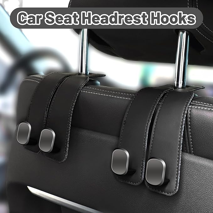 Amelity Headrest Hooks for Car, Car Seat Back Storage Hooks, Car Hooks for Purses and Bags (4 Pack, Black)