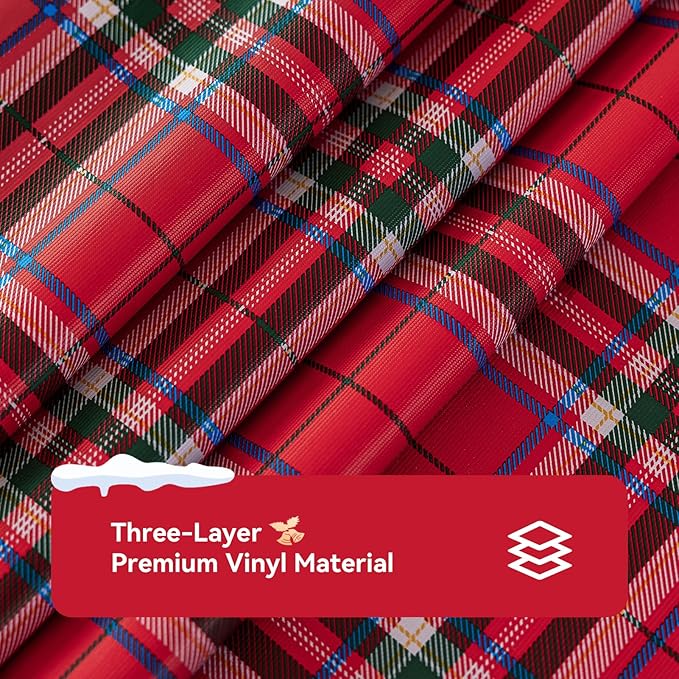 Romanstile Christmas Plaid Rectangle Vinyl Tablecloth, 100% Waterproof Checkered PVC Table Cloth, Heavy Duty Xmas Gingham Plastic Table Cover for Dining, Party, Holiday Decor - 54 x 108 Inch, Red