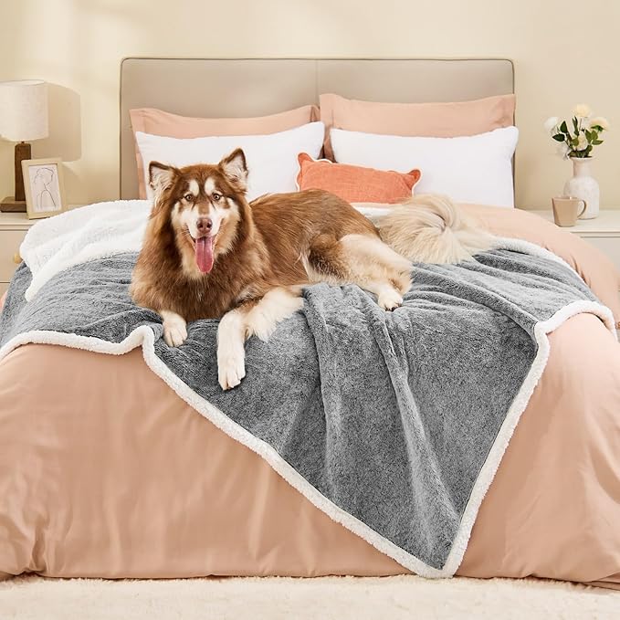 Extra Large Dog Blanket, Waterproof Faux Fur & Sherpa Oversized Pet Throw for Bed & Couch Protection, Soft Cozy Dog Blankets for Large Dogs, 60"x80", Black