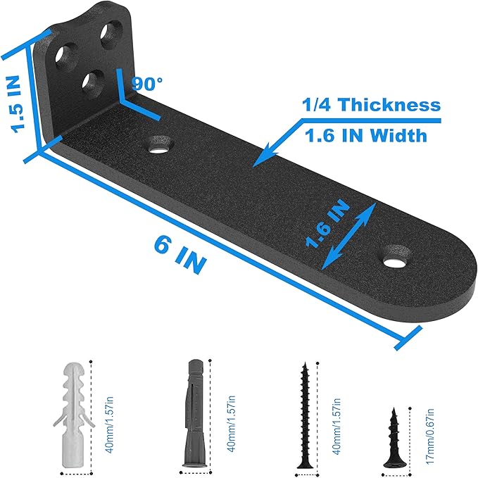 Eurydice Heavy Duty Floating Shelf Brackets, 1/4 inch Thick L Brackets, (6 In 6 Pack Black), Holds 200 lb, Rounded Arc Edge, One-Piece, 3 Hole Mounting For Wood Shelves in Kitchen, Garage, Office, DIY