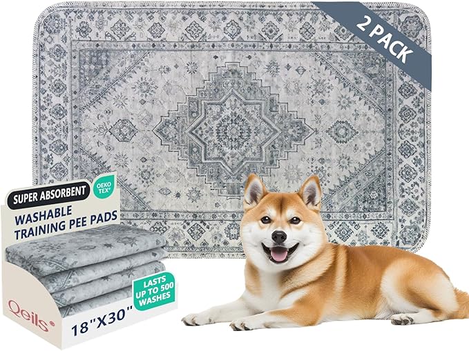 Qeils Washable Pee Pads, Reusable Puppy Pads Super Absorbent Leakproof Dog Training Pads, Non-Slip Wee Wee Pads for Crate, Floor, Potty Pads Feeding Mat Dog Pee 2 Pack 18"x30"