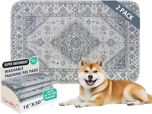 Qeils Washable Pee Pads, Reusable Puppy Pads Super Absorbent Leakproof Dog Training Pads, Non-Slip Wee Wee Pads for Crate, Floor, Potty Pads Feeding Mat Dog Pee 2 Pack 18"x30"