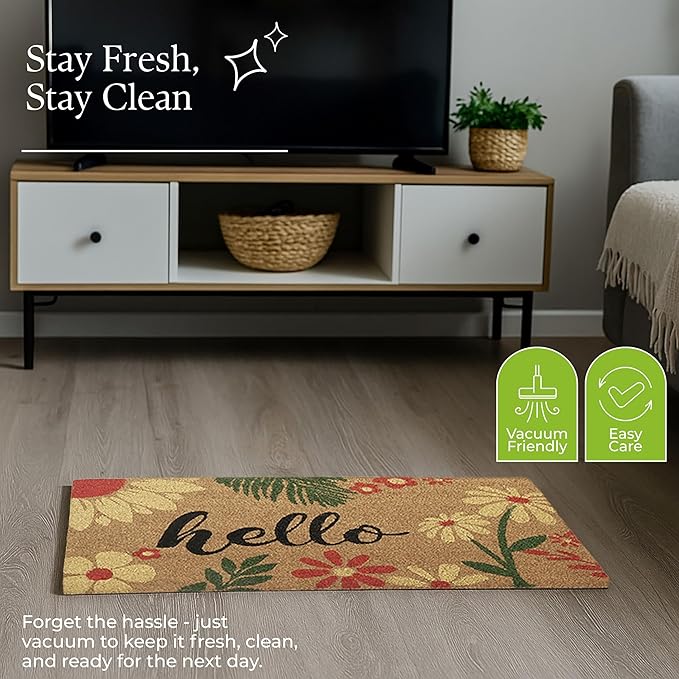 COCONIQ Coir Door Mats 17" X 30", Non-Slip Sturdy, PVC Backed Heavy Duty, Easy to Clean, Ideal for Door Entrance, Patio, Porch, Backyard, Garages, Vibrance of Flora - Hello