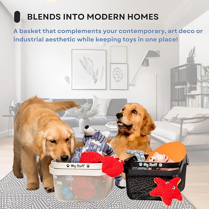 Dog Toy Basket Metal Mesh Metal, Chew Proof, 16 (L) x 9.5 (W) x 7 (H) inches White Dog Toy Bin, Sturdy Pet Toy Basket