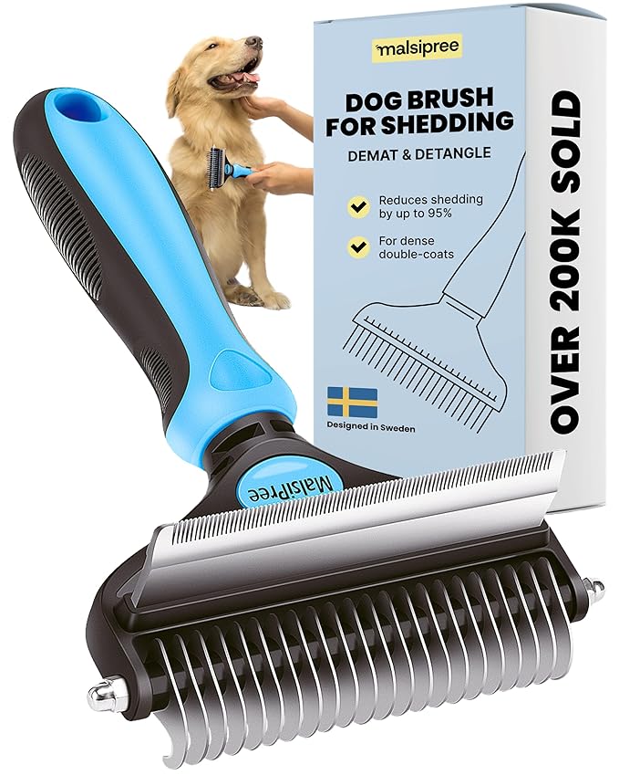 MalsiPree Dog Brush for Shedding - Large, Blue, 2-in-1 - Deshedding Dog Grooming Brush & Undercoat Rake with Dematting Comb for medium to Large Double Coated