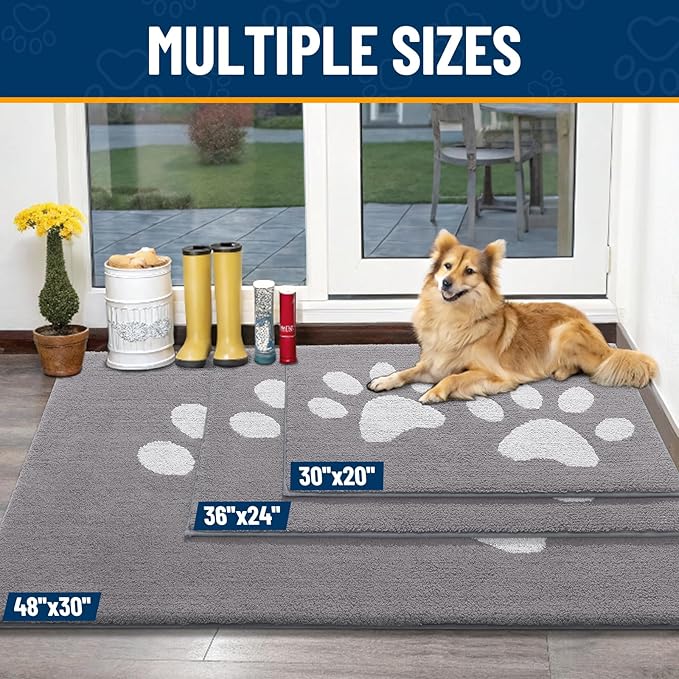 Smiry Dog Door Mat for Muddy Paws, Absorbs Moisture and Dirt, Low-Profile Entryway Mat with Non-Slip Backing, Entry Indoor Outdoor Doormat for Inside Floor (47x24 Inches, Light Grey, Paw)