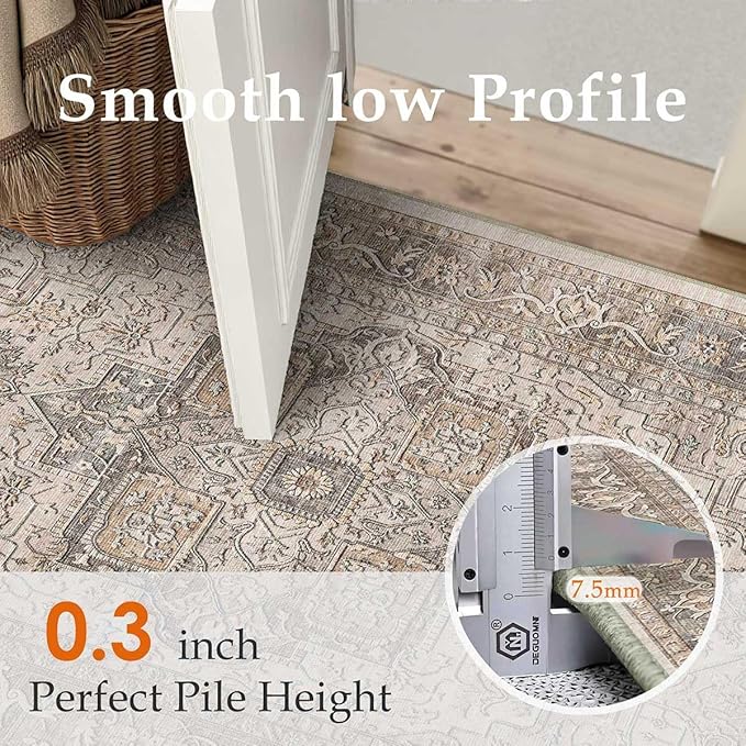 4x6 Washable Vintage Area Rug Brown Oriental Soft Entryway Throw Rug Neutral Non Slip Low Pile Small Carpet for Kitchen Bathroom Living Room Bedroom
