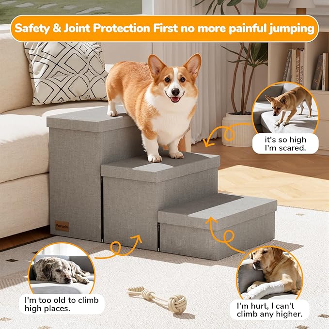 3-Step Wide Dog Stairs with Storage 18" H, Non-Slip Sturdy Pet Steps for High Bed Couch Window, Pet Stairs for Small/Medium/Large Old Dogs Cats Up to 200lbs, Cat Dog Steps for Car/SUV, Grey
