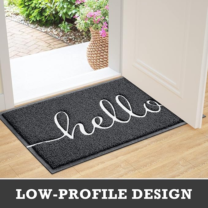 Door Mat Hello Mats Outdoor Indoor Non-Slip Doormat for Entryway Low-Profile Floor Mat for Yard, Garage, High Traffic Areas (32"x20", Black)