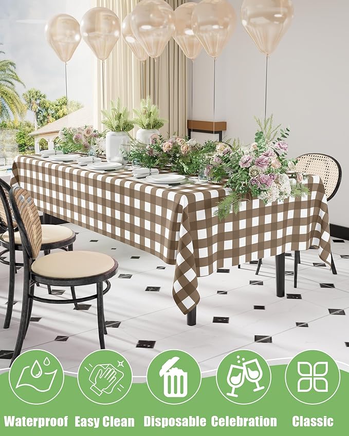 Smiry 12 Packs Gingham Disposable Table Cloth, 54 x 108 Inch Waterproof Plastic Tablecloth, Rectangle Brown and White Checkered Table Covers for Picnic, Birthday, Party