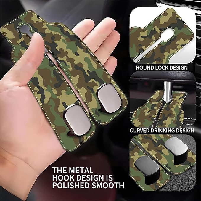 AEWNUNK Camouflage Car Headrest Purse Hanger Camo Hunting Forest 1 Pack Bag Purse Holder for Car Premium Leather Double Metal Hook for Handbags, Grocery Bags and Phones