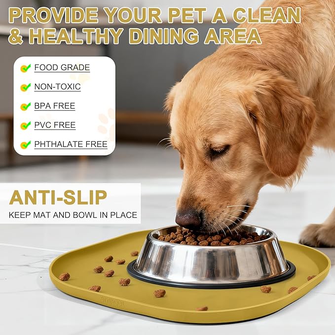 SMILOOL Silicone Pet Feeding Mat with Raised Edge for Food and Water, Dog Bowl Mats, Cat Bowls Placemat with High Lip for Floor Waterproof, Rubber Tray for Cats and Dogs 12 x 12 x 0.7 Honey