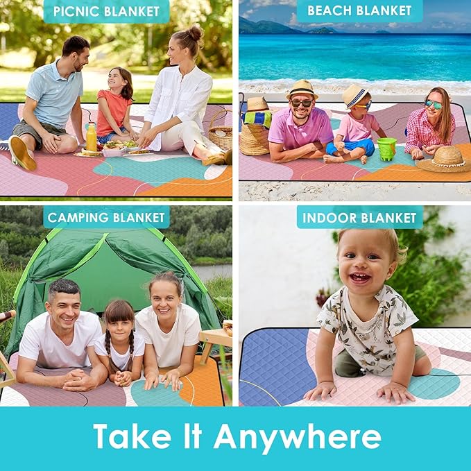 Waterproof Picnic Outdoor Blanket, 79" x 59" Sandproof Foldable Large Picnic Blanket for Beach, Camping, Park, Travel, Concert, Great Gift for Families and Couples (Pink Geometry)