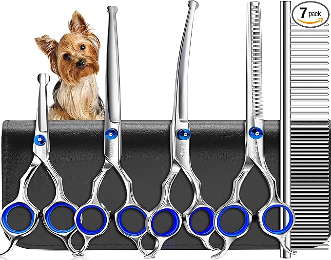 Doscpe 6 in 1 Professional Dog Grooming Scissors Set Pet Hair Cutting Shears Kit, Stainless Steel with Safe Rounded Tips for Dog Cat Other Animals, Right Left Handed