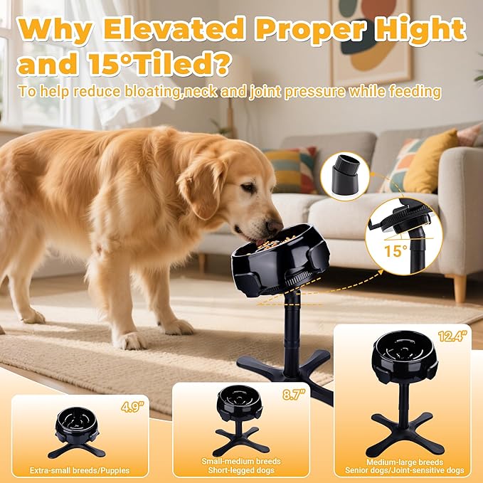 Elevated Adjustable Stand with Slow Feeder Dog Bowls,Tilted ABS Base,Fits 5.5-9.5" Bowls, Anti-Spill & Non-Slip, Heavy Duty for Med/Large Dogs(with Round Bowls)