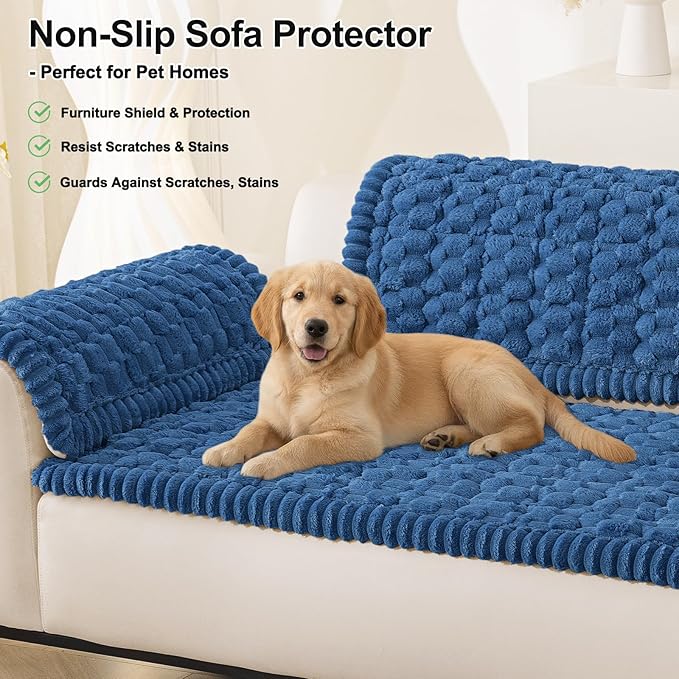 Smiry Pet Couch Cover for 3 Cushion Sofa, Non-Slip Fuzzy Couch Cover for Dogs Washable, Thick Soft Sofa Slipcovers Cushion Protector Pet Friendly (Navy, 27.6" x 27.6")