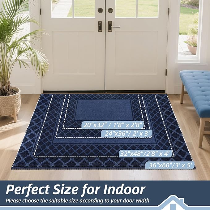 BEQHAUSE Door Mat Dirt Trapper Non Slip Entryway Rugs Absorbent Welcome Mat Low Profile Washable Front Door Mat for Muddy Paws,Entrance,Hallway, 36" x 60",Navy Blue
