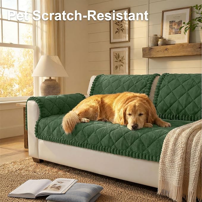 Smiry Fuzzy Couch Cover for Dogs, Non Slip Washable Pet Sofa Cover, Scratch Proof Hair Resistant Plush Sofa Slipcover, Pet Friendly Couch Cushion Protector for Cat, Green, 27.6" x 47"