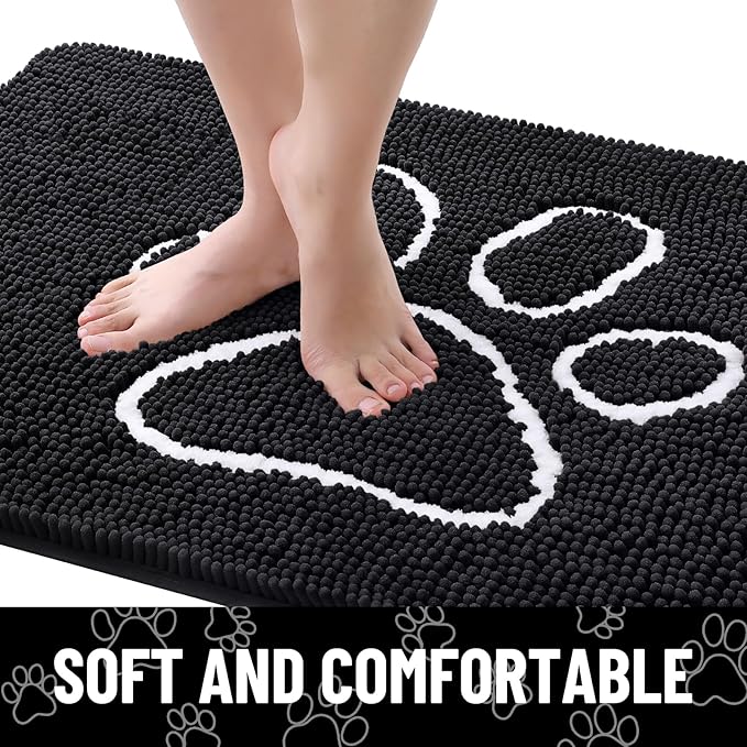 Smiry Dog Door Mat for Muddy Paws, Absorbent Dirt Trapper Non Slip Quick Dry Washable Chenille Mat for Mud Dogs, Entry Rug for Indoor and Outdoor (71x46 Inches, Black and White)