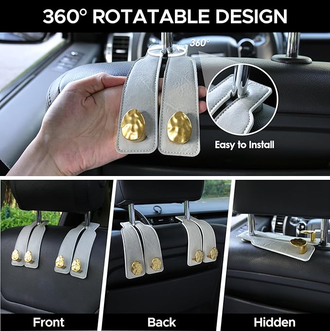 2PCS Leather Car Seat Hooks for Headrest, Vehicle Hanger Storage Organizer Universal for Handbag Purse, Car Accessories Gift (Grey-Gold)