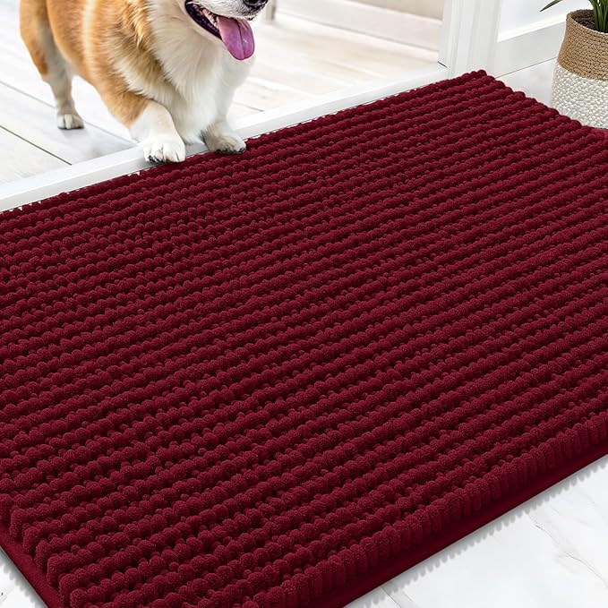 OLANLY Dog Door Mat for Muddy Paws 34x21, Ultra Absorbent Chenille Mud Doormat, Non-Slip Washable and Dirt Trapping Doormat for Indoor Entryway, Quick-Dry Indoor Pet Bed Mats for Dogs, Burgundy