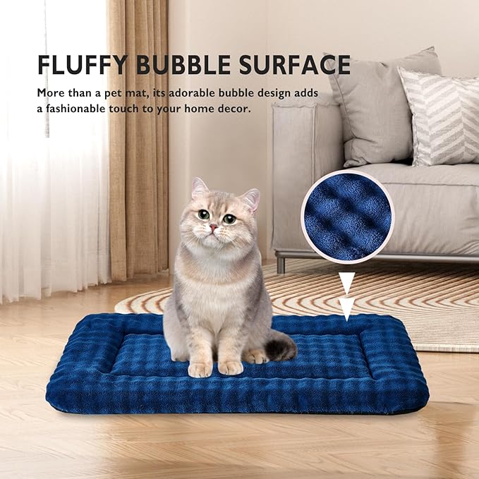 Pet Bed Mat Crate Pad for Cats Small Dogs, Washable Soft Pet Sleeping Mat Kennel Pad with 3D Bubble Pattern, Navy Blue, 24"x 18"