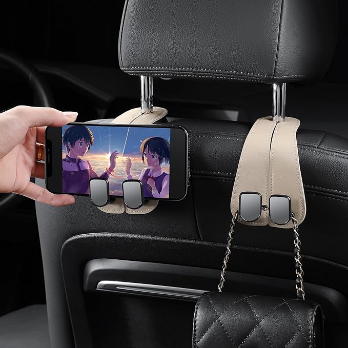2 Pack KAFANLIN Car Headrest Hooks for Purses and Bags Cute Leather Car Seat Back Head Rest Double Hooks for Bags Cute Pink Beige Car Accessories Headrest Back Seat Handbags Hook (Gray 2 Pack)