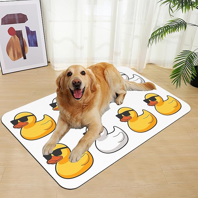 Cute Ducks Glasses Pet Feeding Mat for Floors–Christmas Stocking Absorbent Quick Dry Dog Cat Bowl Mat for Food and Water, Non Slip Waterproof Base, Mess-Free Feeding Accessories 12"x20"