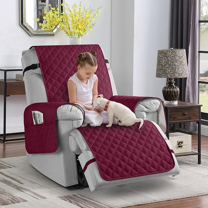TAOCOCO 100% Waterproof Recliner Chair Cover Non-Slip Reclining Cover for Recliner Chair Washable Chair Seat Cover with Elastic Straps for Pets Sofa Slipcover with Pocket (Small 23'', Wine)