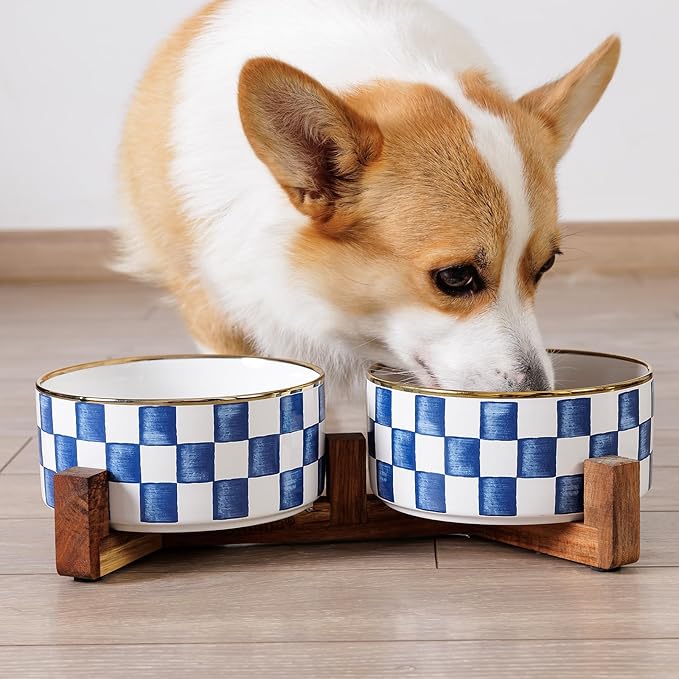 Ceramic Dog Bowls for Medium Dogs, 3.5 Cup Checkered Dog Food and Water Bowl with Acacia Wood Stand, Non-Slip Anti-Tip Elevated Feeding Station, Black and White