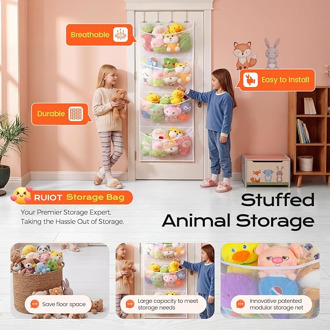 Upgraded Assembly Type Stuffed Animal Storage. Original Design & Patented, 4 Components Over the Door Organizer, Adjustable Net Layer, Suitable for Doors and Walls of Various Heights.
