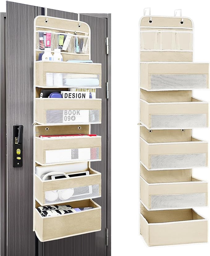 Over The Door Organizer, Behind Door Storage of 5 Compartments, 44 Weight Capacity Bathroom Organizers and Storage, Hanging Organizer for Closet, Room Storage, Lvoy White, 6 Shelf
