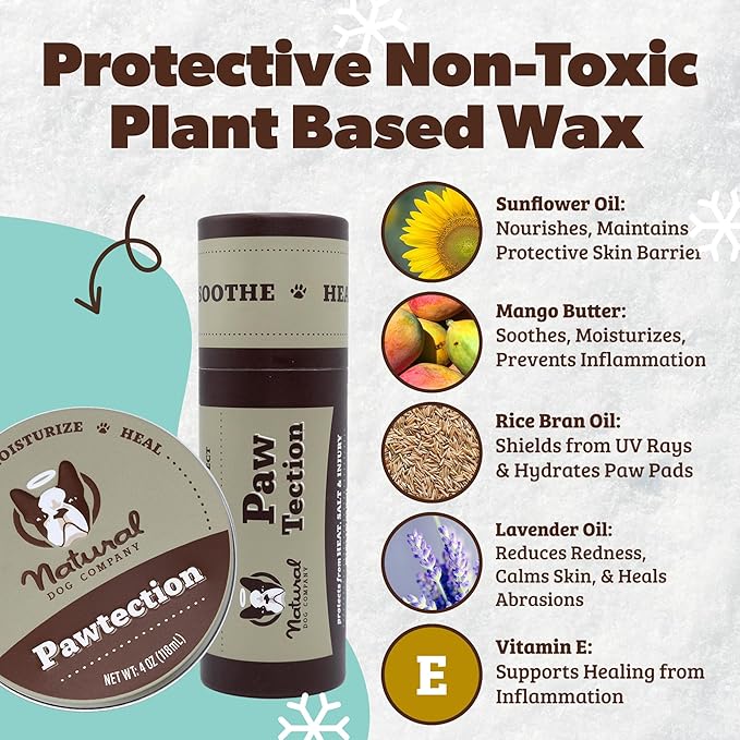 Natural Dog Company PawTection Balm 4 oz Tin – Wax-Based Paw Protector Balm with Shea & Calendula – Shields Paws from Snow, Ice, Salt, Hot Pavement & Rough Terrain – Lick-Safe, All Breeds