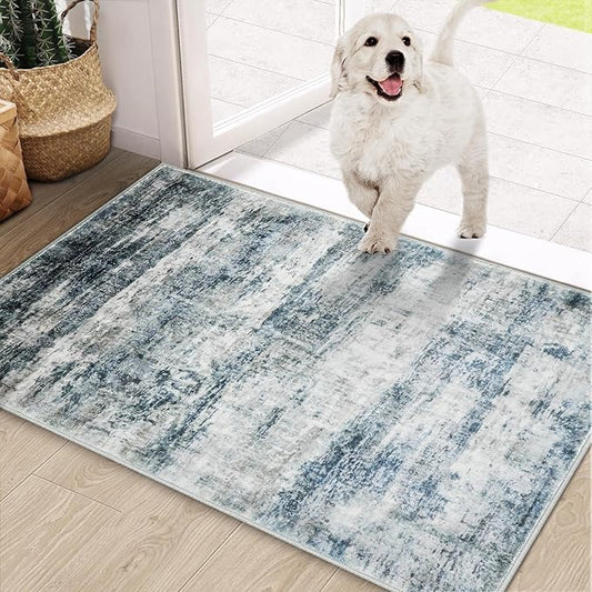 COMSLE Door Mat, Front Door Rug Indoor for Entrance Faux Wool Absorbent Non Slip Modern Throw Rug for Entryway Hallway Muddy Paws - Pet Friendly, 24x36 Inches, Green/Worn Blue Machine Washable