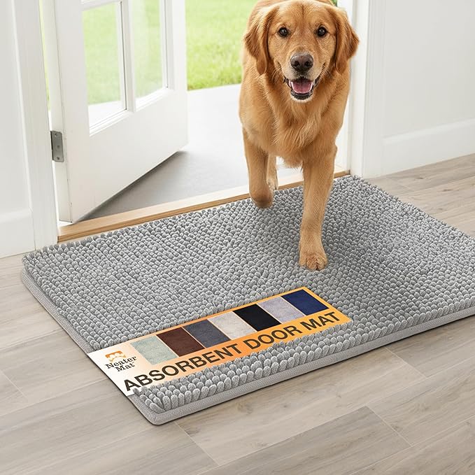 Neater Pets Chenille Dog Door Mat 30” x 20” – Super Absorbent & Quick-Dry Muddy Paws Doormat for Trapping Dirt, Water, Mud - Non-Slip & Machine Washable Pet Rugs for Entryway, Indoor Mud Mats, Gray