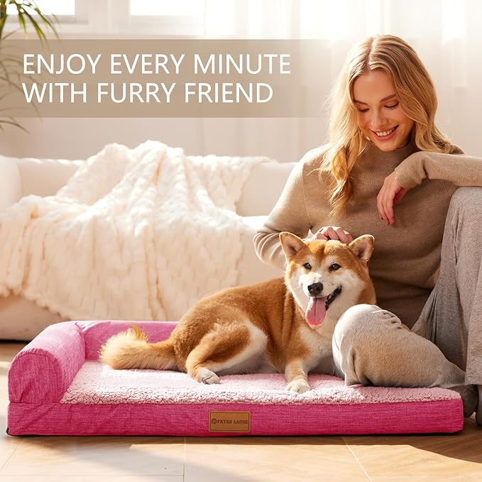 Patas Lague Orthopedic XL Dog Bed Large Sized Dog 42''X28'', Waterproof L Bolster Big Large Pet Sofa Beds with Removable Washable Cover, Soft Pet Couch Crate Mat with Nonskid Bottom, Pink