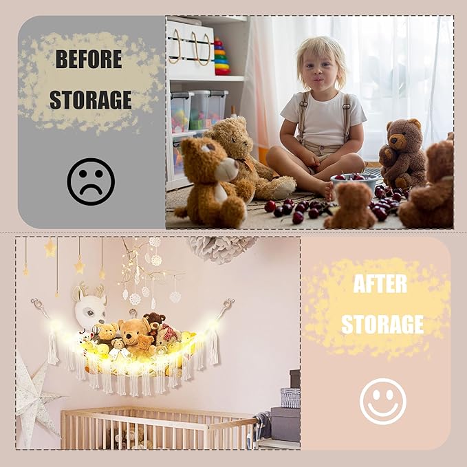 CERETIA Stuffed Animal Hammock with LED Light, Large Stuffed Animals Storage Corner Plushie Net for Kids Room Decor, White