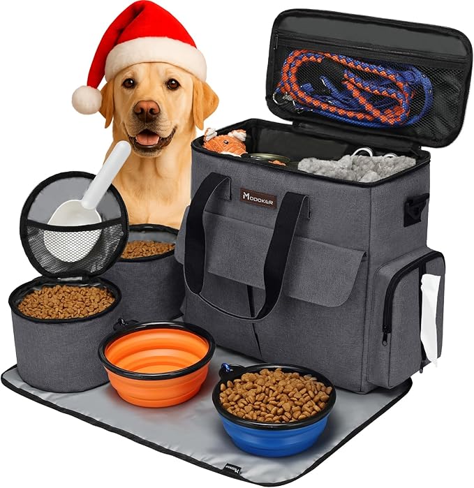 Modoker Airline Approved Pet Travel Bag, Weekend Dog Travel Set for Dog and Cat, Airline Approved Tote Organizer with Multi-Function Pockets 2 Food Storage Containers, 2 Collapsible Bowls (Dark Gray)