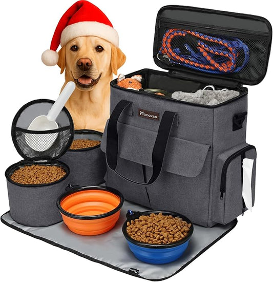 Modoker Airline Approved Pet Travel Bag, Weekend Dog Travel Set for Dog and Cat, Airline Approved Tote Organizer with Multi-Function Pockets 2 Food Storage Containers, 2 Collapsible Bowls (Dark Gray)