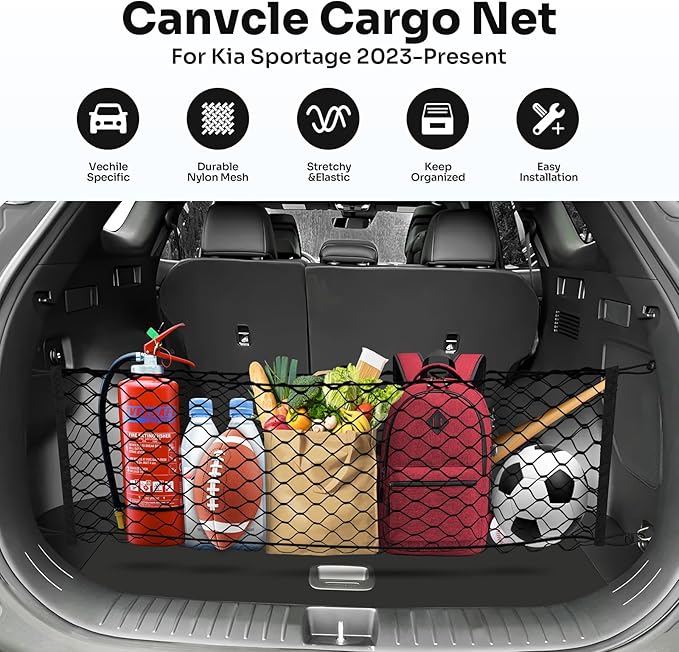 Trunk Cargo Net for 2023-2025 2026 Kia Sportage Accessories Envelope Style Mesh Trunk Net Organizer and Storage Stretchable Adjustable Elastic Nylon Rear Cargo Netting with Hooks