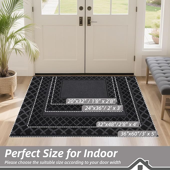 BEQHAUSE Door Mat Dirt Trapper Non Slip Entryway Rugs Absorbent Welcome Mat Low Profile Washable Front Door Mat for Muddy Paws,Entrance,Hallway, 20" x 32", Black