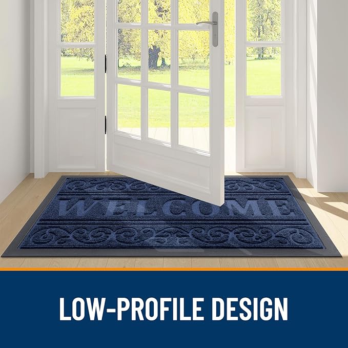 OLANLY Welcome Door Mat Indoor Outdoor Entrance, Heavy Duty Sturdy Front Door Mat, Waterproof All-Weather Doormat, Stain Resistant, Low Profile, Easy Clean Patio Entryway Mat, 36 x 24, Navy Blue