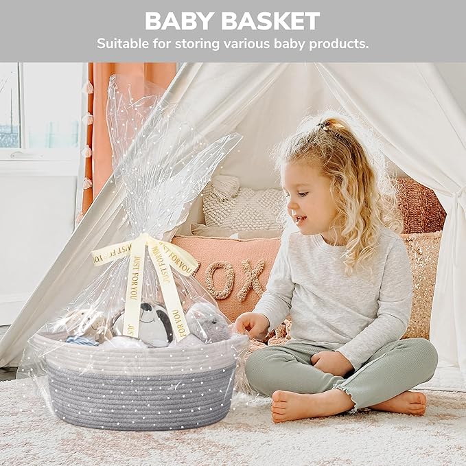 CHICVITA Gift Basket Empty to Fill, Woven Baskets for Storage, Rope Decorative Baskets with Gift Bags & Ribbon for Baby Girl, Dog Toy Storage, 13.6"x 10" x 6", Grey